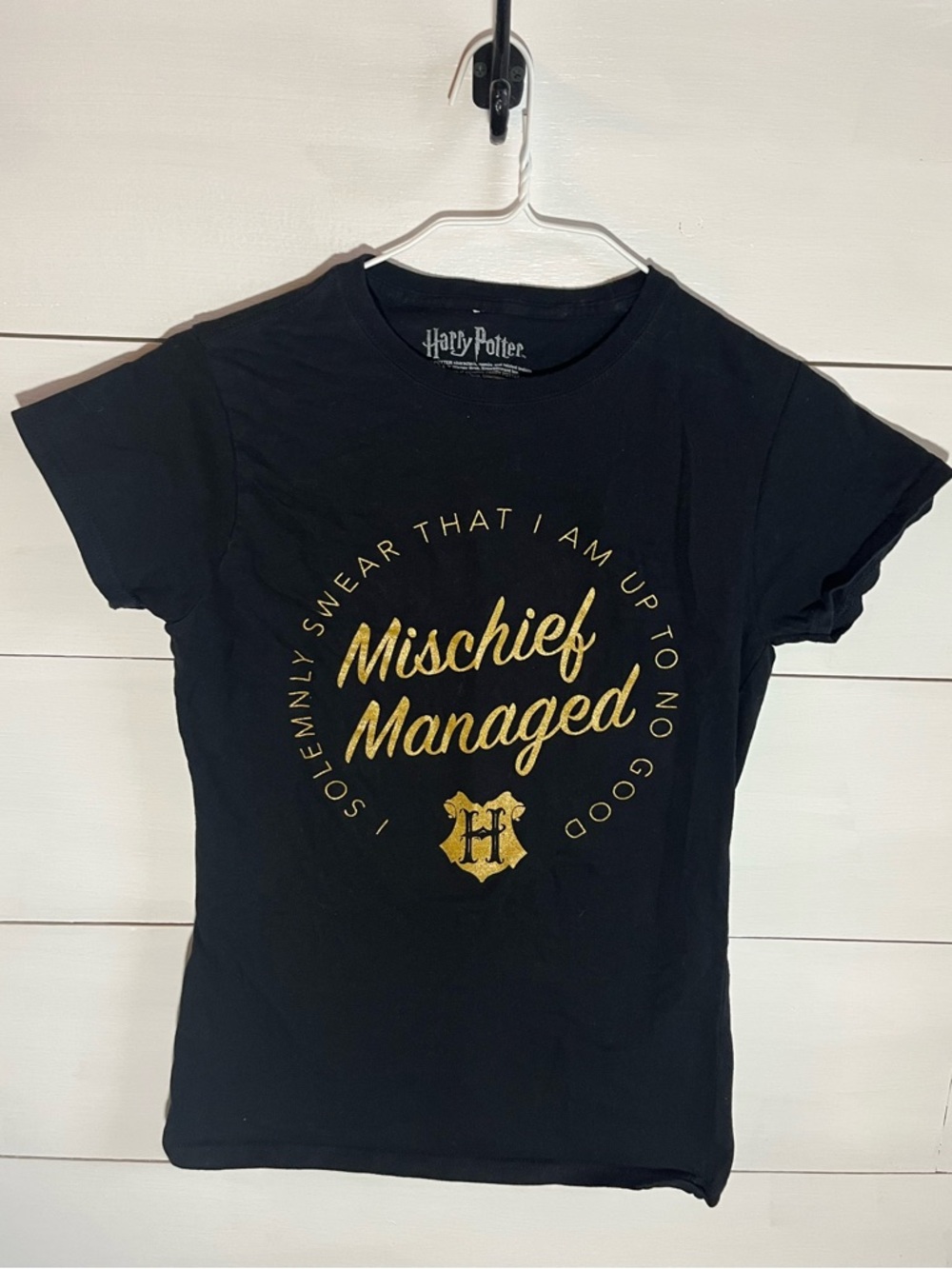Warner Bros. Black Tee with Gold 'Mischief Managed' Script - NWOT